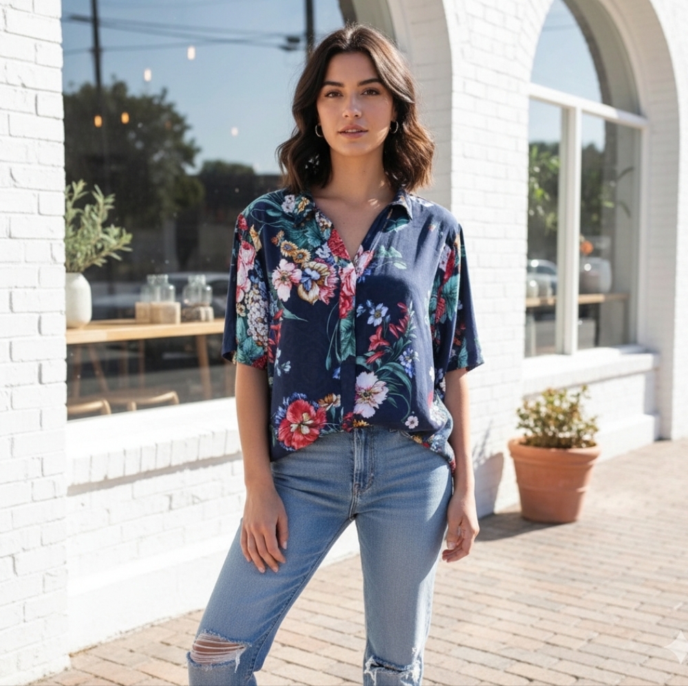 Medium women JOHNNY WAS Floral Blue Button Down Shirt Short Sleeve 100% silk